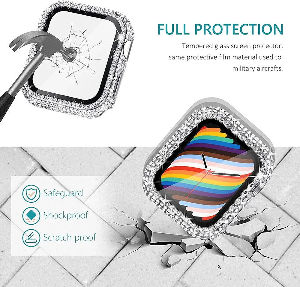 Boîtier en verre diamant + couvercle pour Apple Watch, protecteur d\'écran iWatch, étui de protection, série 7, 8, 9, 41mm, 45mm