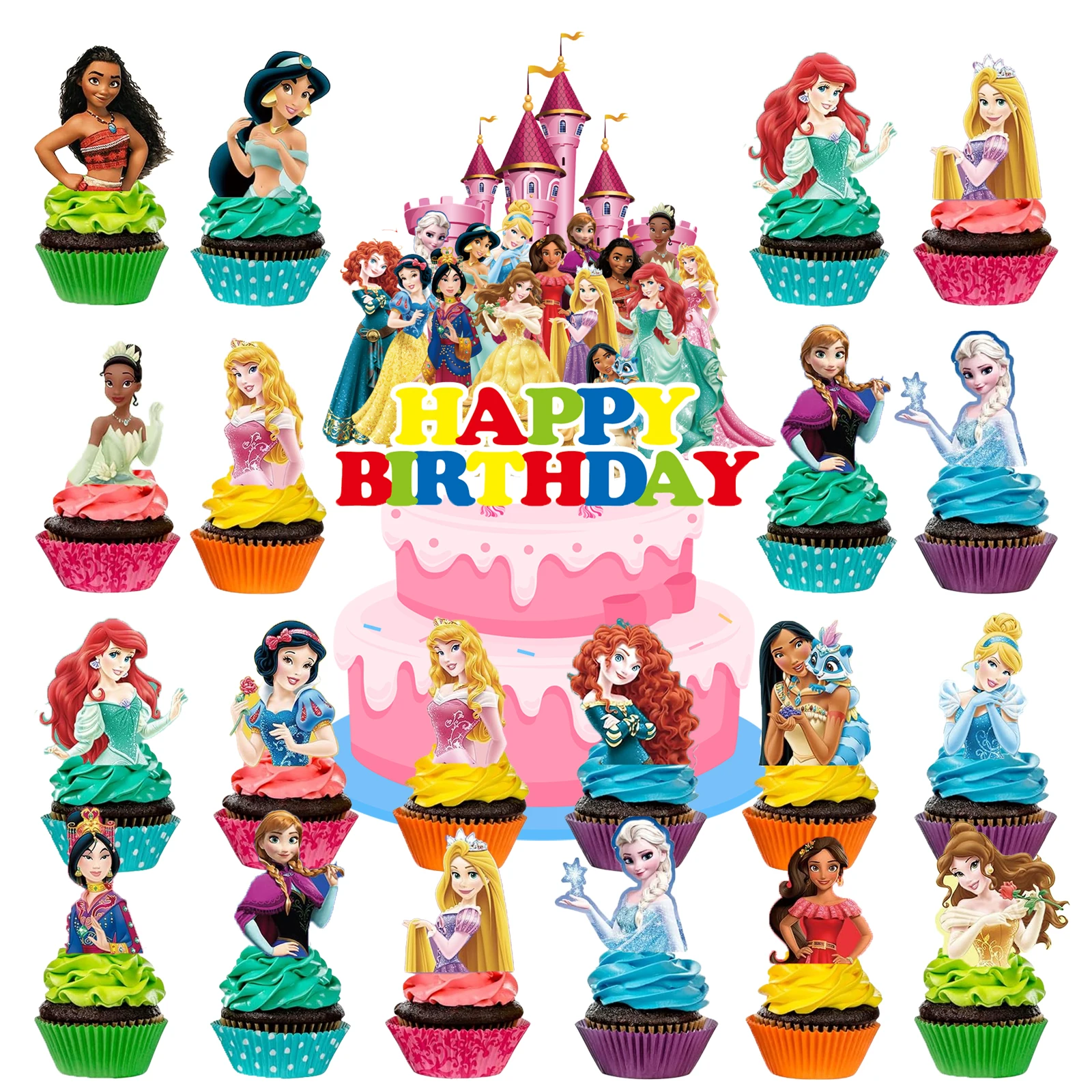 Disney Princess Cake Topper、Cupcake Toppers  For Girls,Pink Princess Birthday Decoration Theme Party Supplies, Princess Birthday