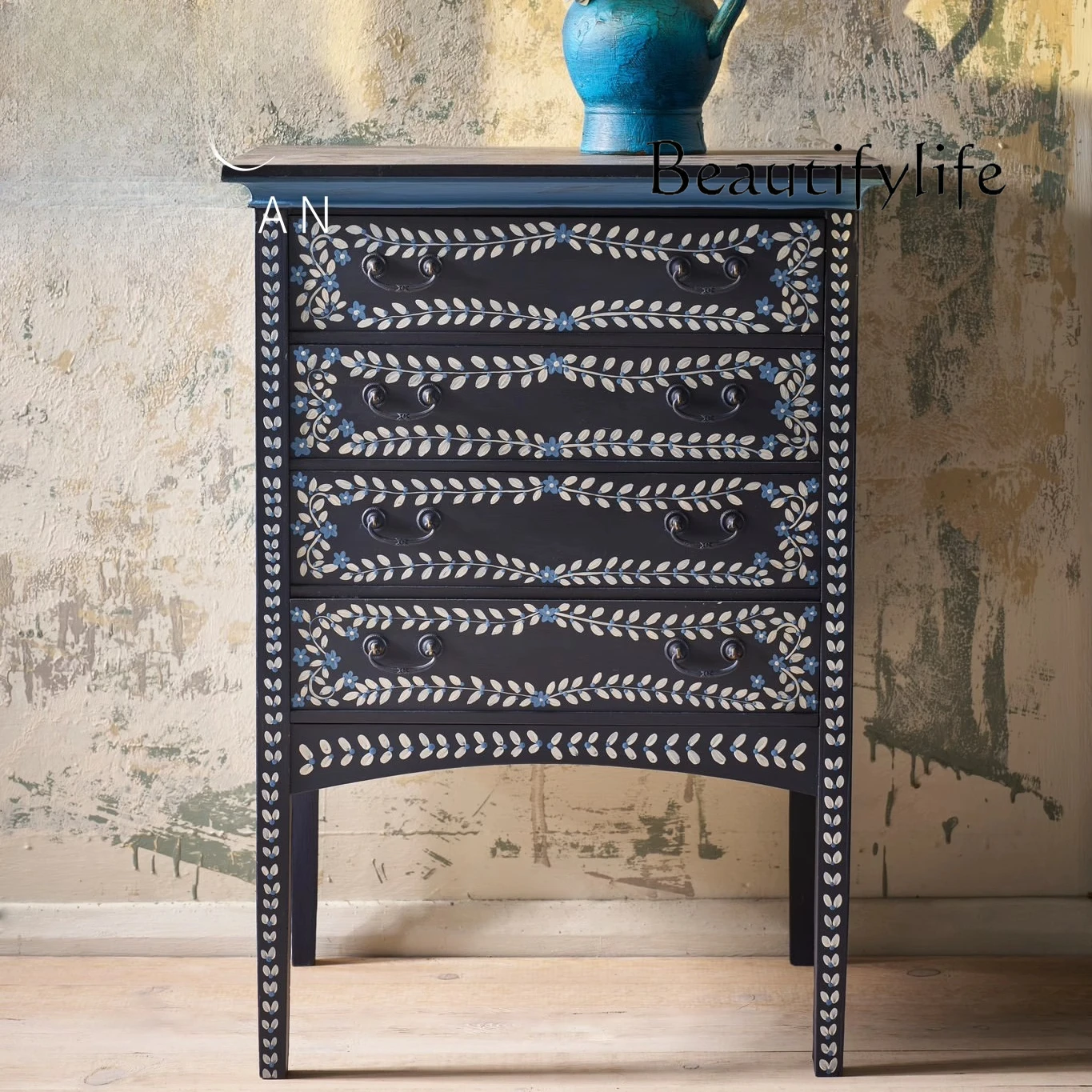 

French retro hand-painted plants, flowers, white cream wind, four chest cabinets, American pastoral style, simple