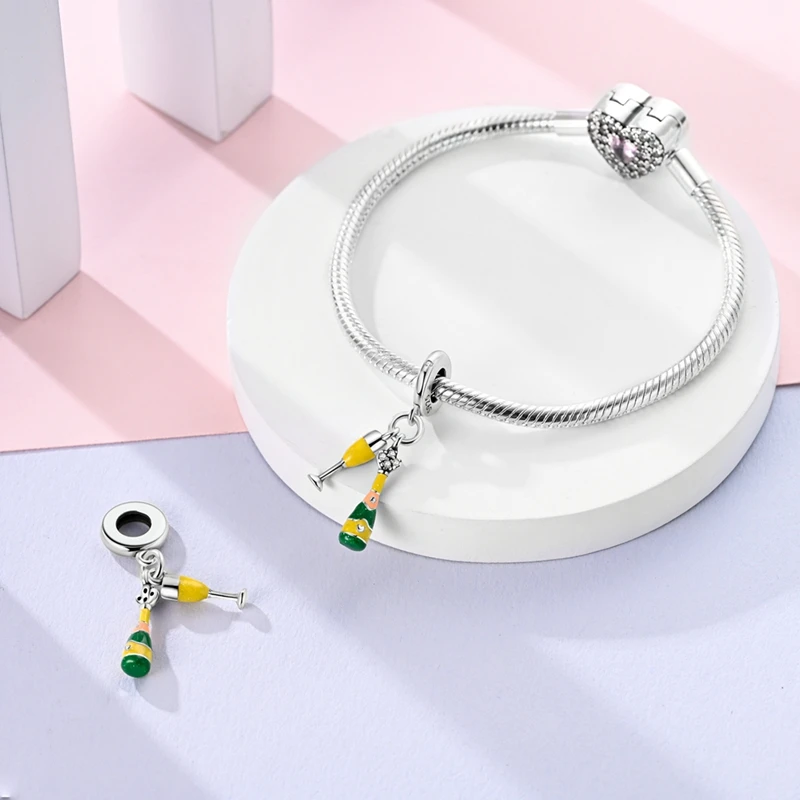 بدلاية من الفضة الإسترليني جذابة للنساء ، شامبانيا ، زجاج نبيذ ، أصفر ، يناسب أساور الباندورا الأصلية ، هدية مجوهرات سهلة الاستخدام