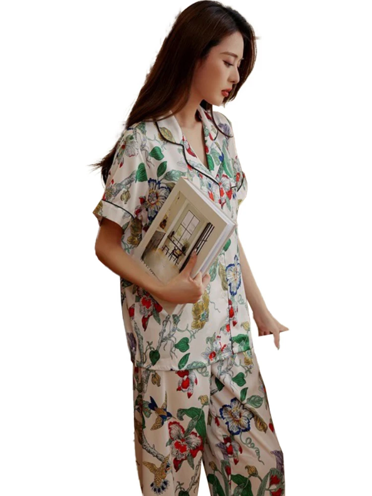 Women‘s Printed Floral Silk Satin Pajamas Summer Nightwear Trouser Suits Satin Set Woman 2 Pieces Short Sleeve Sleep Tops Night