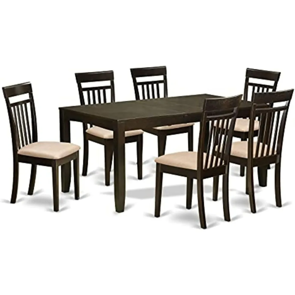 Consist of a Rectangle Wooden Table with Butterfly Leaf and 6 Linen Fabric Kitchen Dining Chairs, 36x66 Inch, Cappuccino