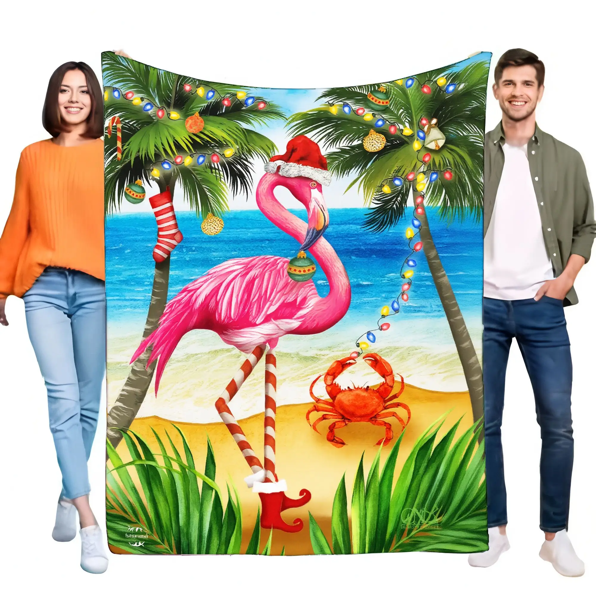 نسيج مشهد شاطئ عيد الميلاد النابض بالحياة مع أشجار النخيل، فلامنغو في قبعة سانتا، زخارف ملونة، وسرطان البحر غريب الأطوار - مثالي #1
