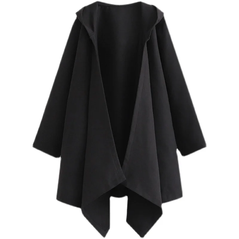 

Hooded Woolen Coat Women's Black Mid-Length Loose Casual Fashion Cardigan Autumn Winter Versatile Woolen Cape and Shawl Overcoat