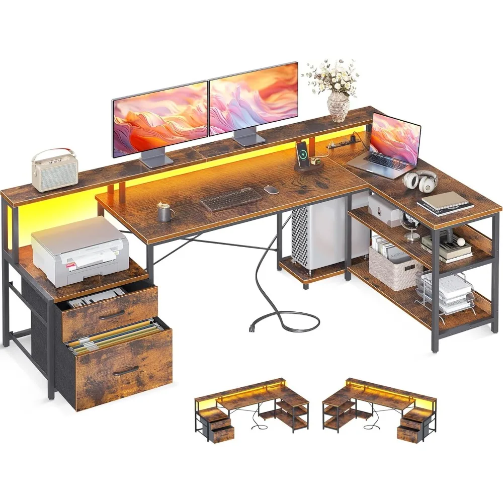 Desk with Power Outlet & LED Strip, Office Desk with Storage Shelves, Gaming Desk with Monitor Shelf, Corner Desk, Vintage