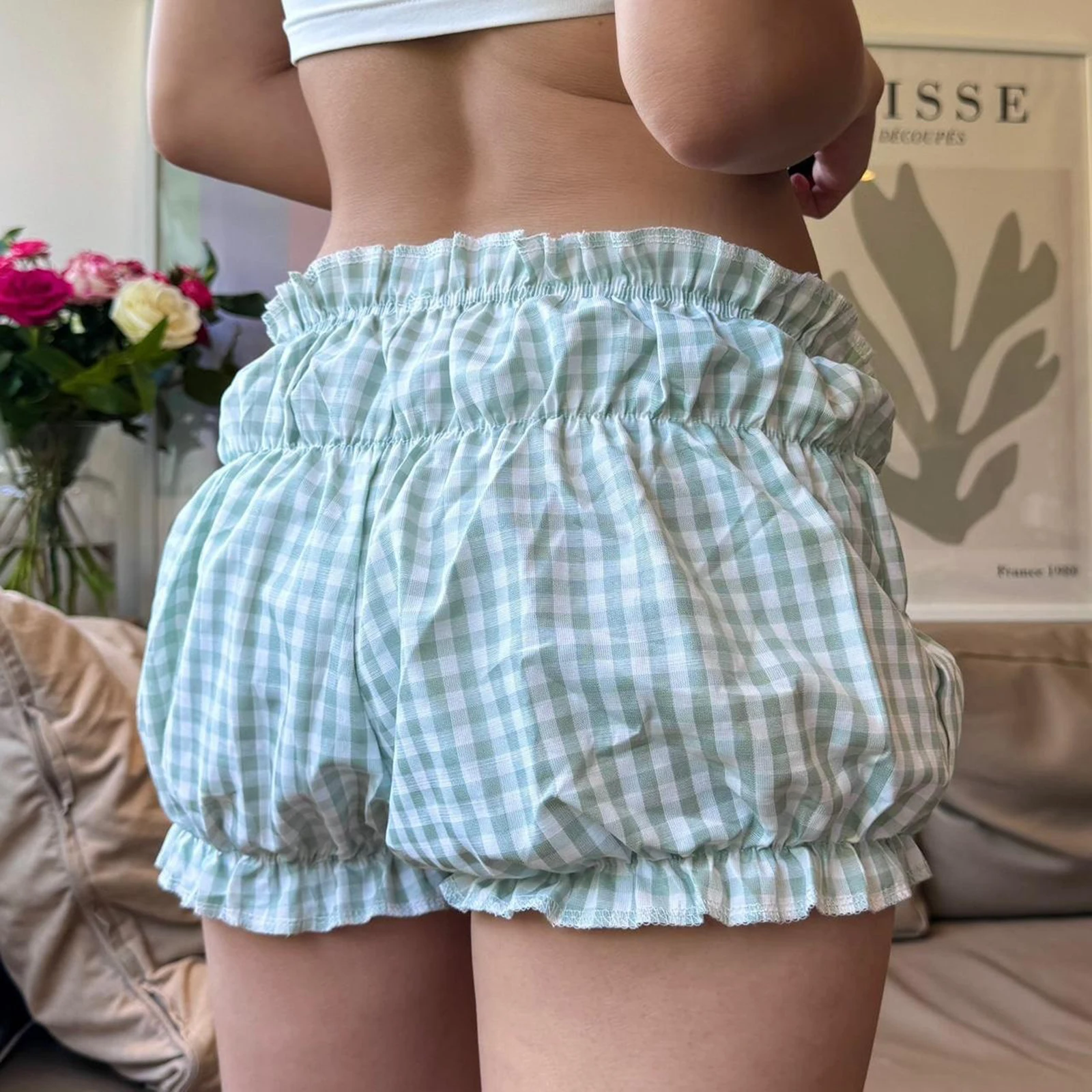 Bloomers con estampado de cuadros para mujer, pantalones cortos elásticos de cintura baja con pliegues, pantalones cortos de pijama Lolita