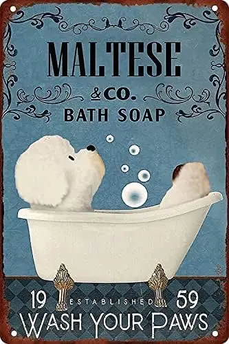 Vintage Tin Metal Sign Maltese Dog Bath Soap Bathroom Retro Wall Art Decor Iron Painting for Home Kitchen Cafe Pub Sign Plaque