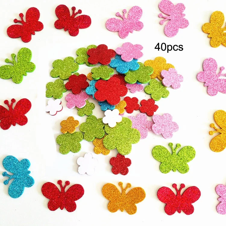 40pcs Glitter Foam Flower and Butterfly Shapes Stickers Self-Adhesive Stickers for Kid\'s Arts Crafts Supply Home Classroom Decor