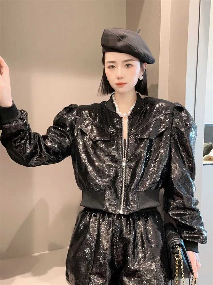 Fashion Bling Bling Sequined Jacket Shorts Women Two Piece Women Party Nightclub Long Sleeve Short Coat Wide Leg Shorts Female