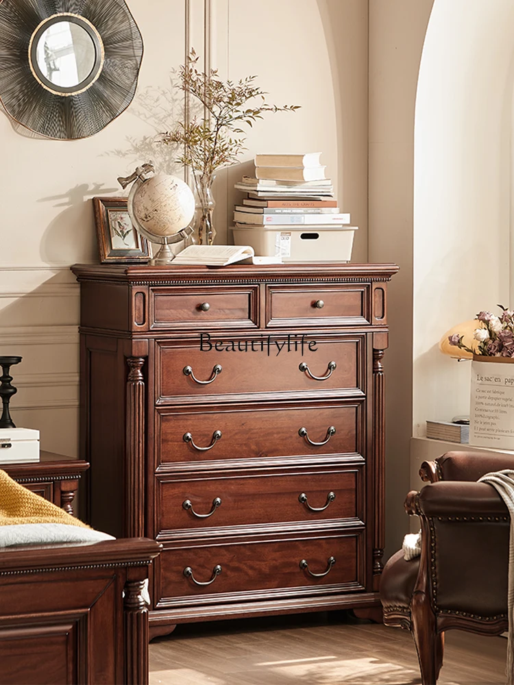 

05-American neoclassical gold silk teak all solid wood living room furniture high chest