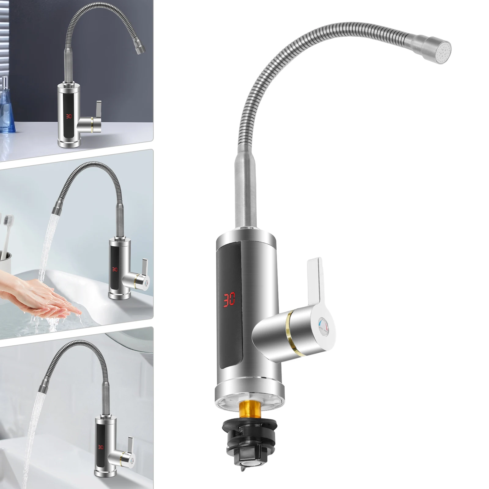 Elektrischer Warmwasserhahn 360° ° Rotierender Küchenarmatur aus Edelstahl, sofortige Heizung, LED-Digitalanzeige, 3000 W, Silber