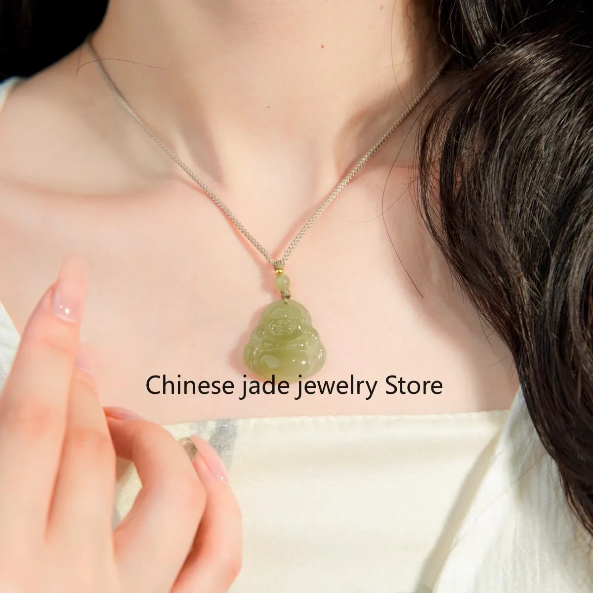 Hetian Jade Maitreya Buddha Pendant Necklace for Women, Lucky Gemstone Charm