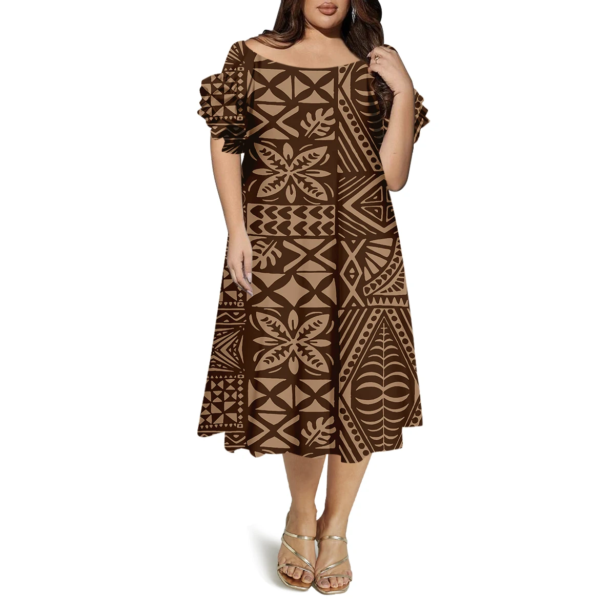 

Модное и повседневное дизайнерское платье – это полинезийское женское платье с круглым вырезом и рукавами-бабочками с цветочным узором на заказ.