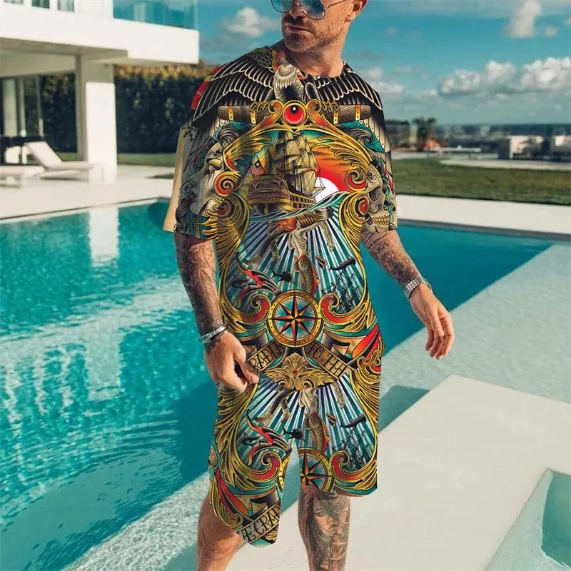 

2025 3D Retro Dragon Pattern Printed Short Sleeve T-shirt Set Summer Trend Quick Drying Top Men's Hawaii Beach Two Piece Set