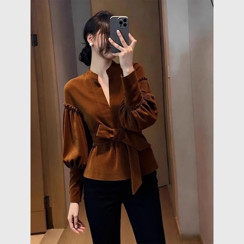 جديد الراقية المخملية بلوزة المرأة الخريف موضة أنيقة الخصر النحيف الدانتيل يصل القوس فانوس كم الخامس الرقبة بلون علوي مكتب سيدة #6