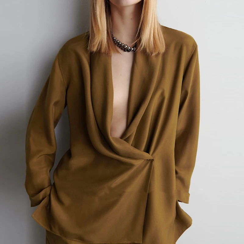 새틴 솔리드 하이웨이스트 출퇴근 정장 우아하고 편안한 가을 투피스 세트 패션 브이넥 긴팔 상의와 바지 세트