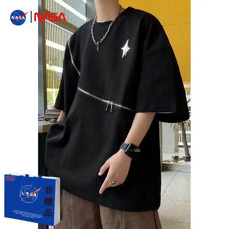 Summer Suede Zipper Men O Neck Short Sleeve T Shirts Fashion Simple Personality Punk Loose Oversized Clothing Streetwear Black