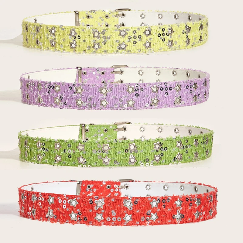 Y2K Punk Star Sequins เข็มขัดผู้หญิงผู้ชาย PU สายรัดเอวคู่แถว Hollow อินเทรนด์เข็มขัดกางเกงยีนส์กระโปรงตกแต่ง