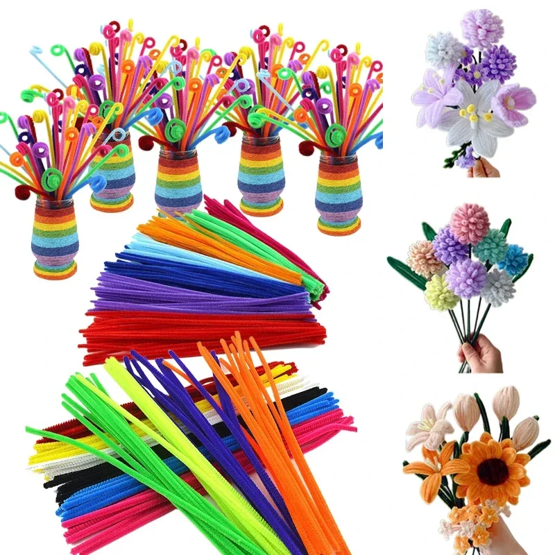 100 pçs tubo de haste de chenille crianças diy brinquedos criativos artesanato varas limpadores jardim de infância educacional material artesanal tiras de pelúcia