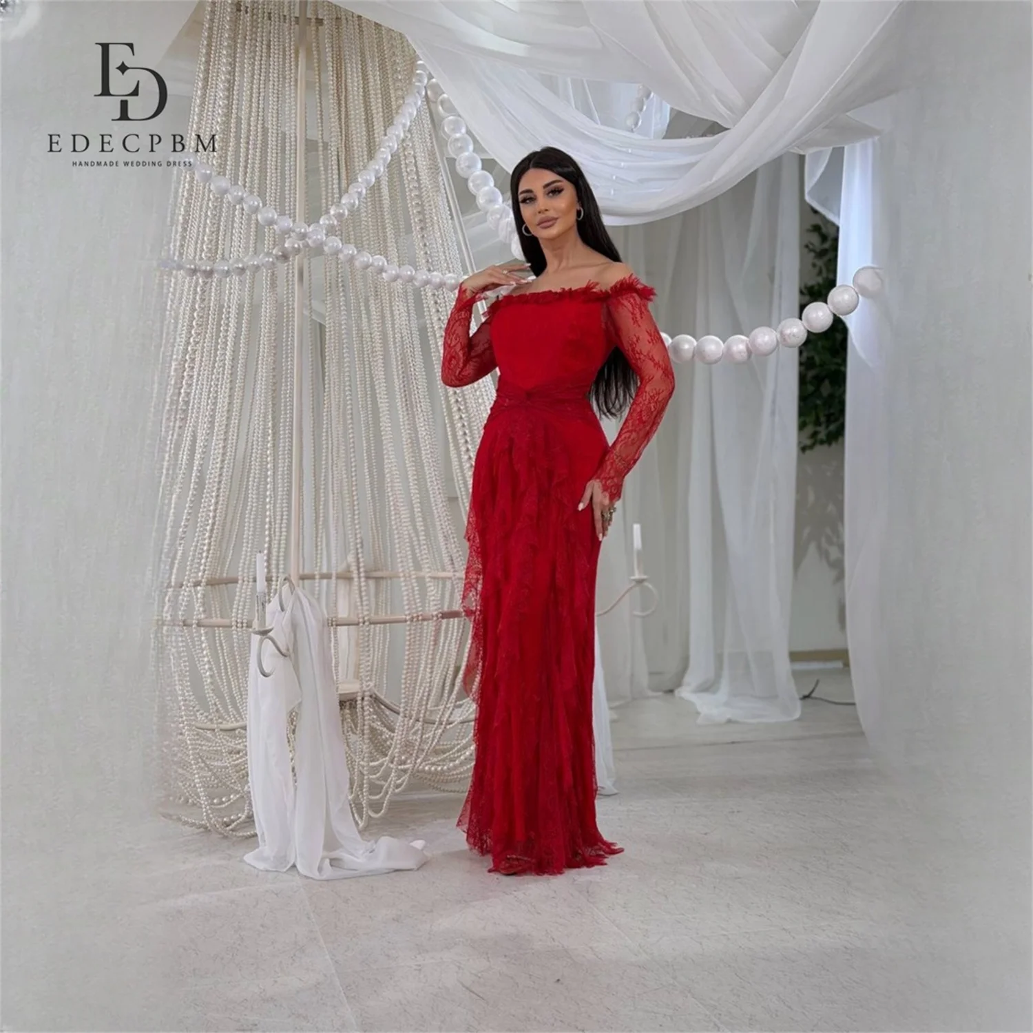 

EDECPBM Lace High Neck Red Mermaid Evening Dress 2026 Prom Dress Elegant Formal Evening Party Luxury Women فساتين سهره نسائي