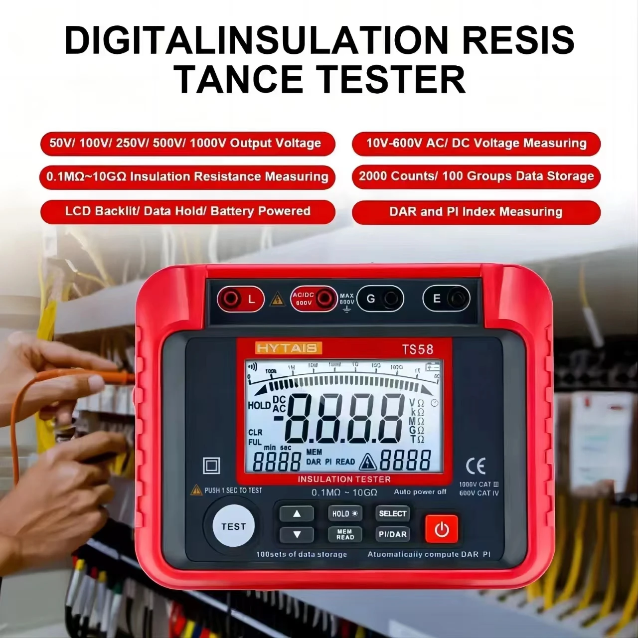 Digitale isolatieweerstandsmeter Geïsoleerde tester 0,1 MΩ-10 GΩ Megohmmeter 2000 tellingen AC DC 10-600 V DAR PI-index, met achtergrondverlichting