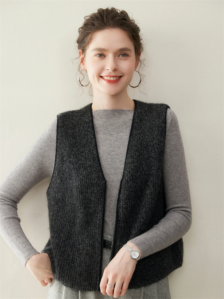 

Женский кардиган на молнии из необычной пряжи, осенне-зимний свитер без рукавов из 100% кашемира, удобный толстый, мягкий, теплый трикотаж, жилет