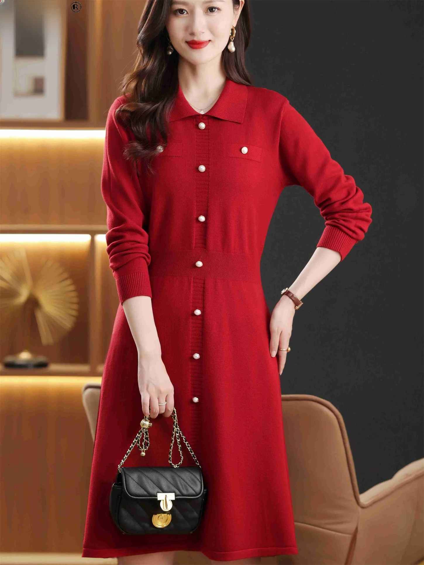 

Осенне-зимнее красное вязаное платье миди для женщин, облегающее, повседневное, для мам, размер S, для фигуры типа «груша», теплое, модное