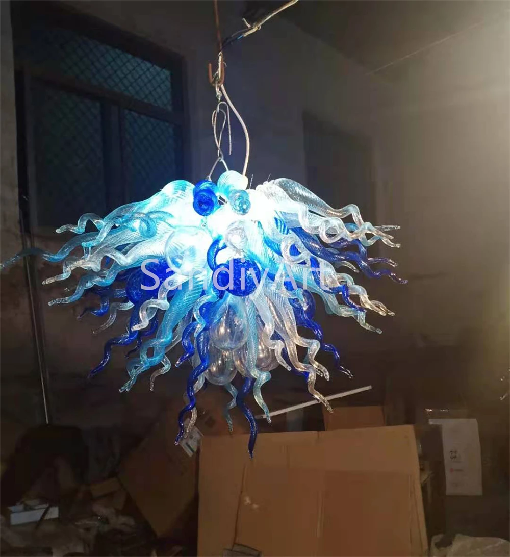 Hand Made Blown Glass Chandelier Blue With Clear Colors, Customized Murano Lighting