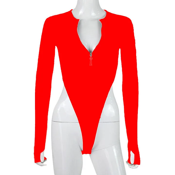 

2025 Autumn Womens Solid Color Slim Fit Long Sleeve Round Neck Half Zipper Bodysuit Sexy Underwear Office Party Daily Outing