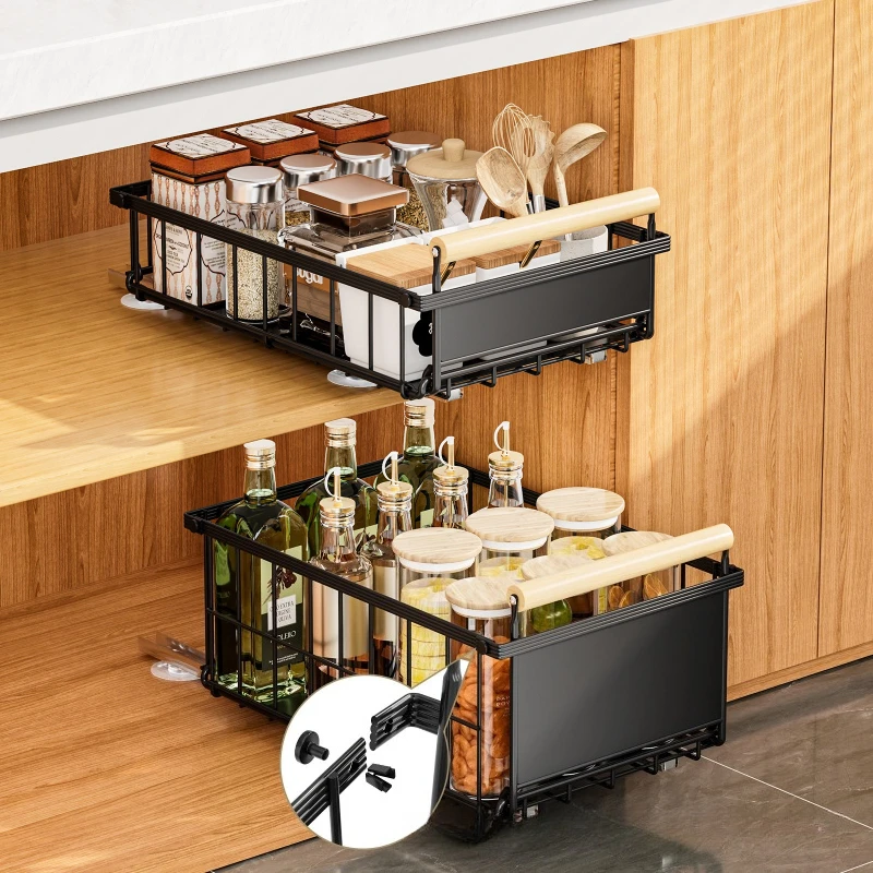 

Kitchen Lower Sink Shelf Drawer Pull Basket Snack Storage Basket Striped Foldable Cabinet Pull-up Shelf