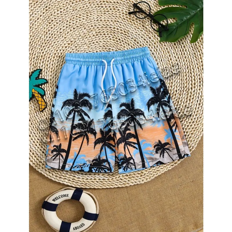 

Boy's 3D Printed Coconut Tree Shorts Summer Quick Drying Elastic Waist Drawstring Beach Swim Sports Pants Children's Clothing