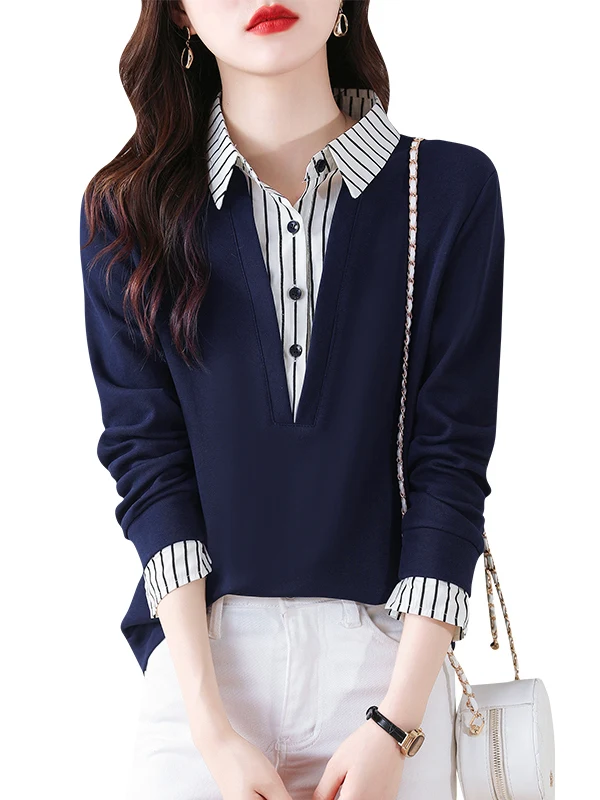 2025 خريف جديد مخطط الربط بأكمام طويلة القطن الخالص قميص بولو طوق وهمية قطعتين هوديي #5