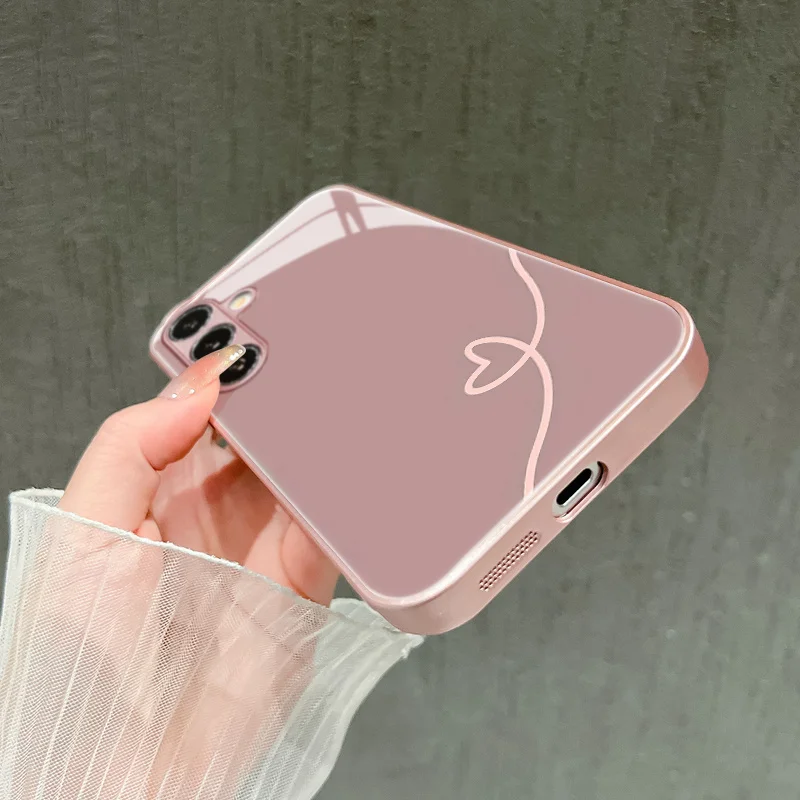 Pink line heart-shaped pattern glass phone case suitable for Samsung Galaxy S26 S25 S24 S23 S22 S21 S20 FE/Ultra/Plus anti drop