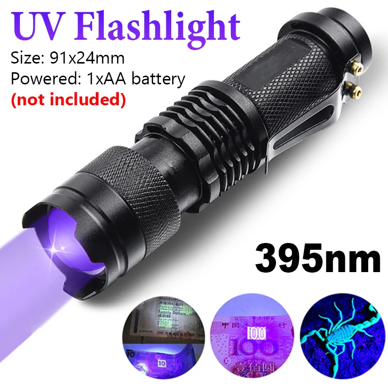battery operated black light flashlight UV Mini Woods lamp Portable USB Operated Black Light is 5 1/2 long and has a black light bulb and is a must Ultraviolet Light-Battery Operated Black Light