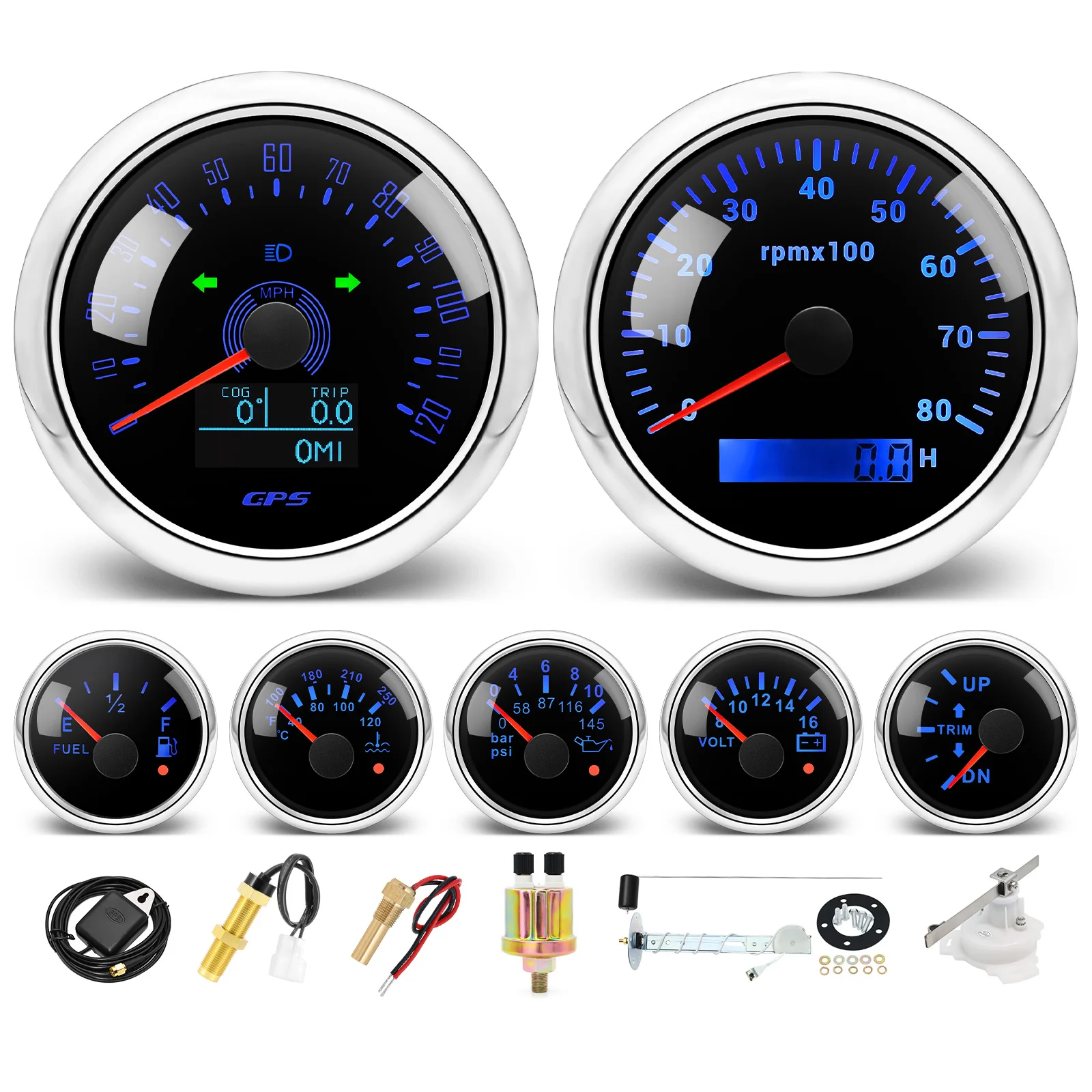 Car Boat 7 Gauge Set with Sensor 85mm GPS Speedometer Gauge Tachometer 52mm Water Temp Oil Pressure Fuel Level Gauge Trim Volts