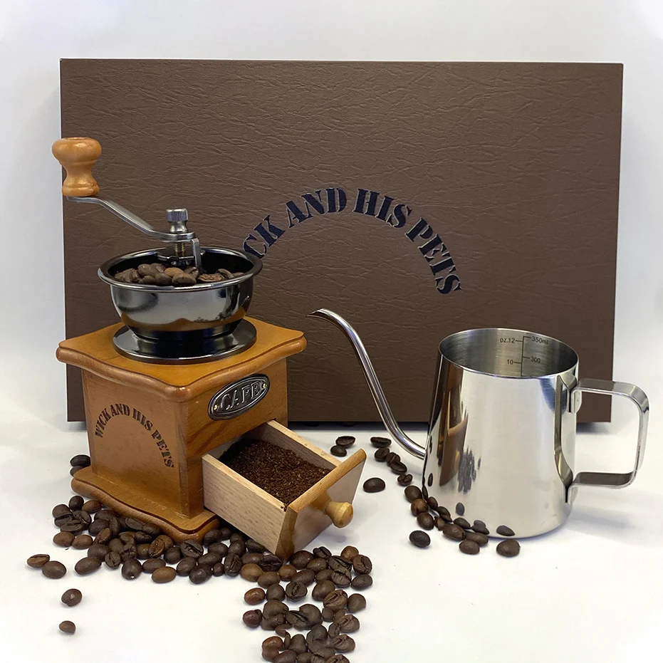 

Cranked Vintage Wooden Coffee Grinder &304 Stainless Steel Hand Brewed Coffee Pot–A Vintage Coffee Experience At Your Fingertips