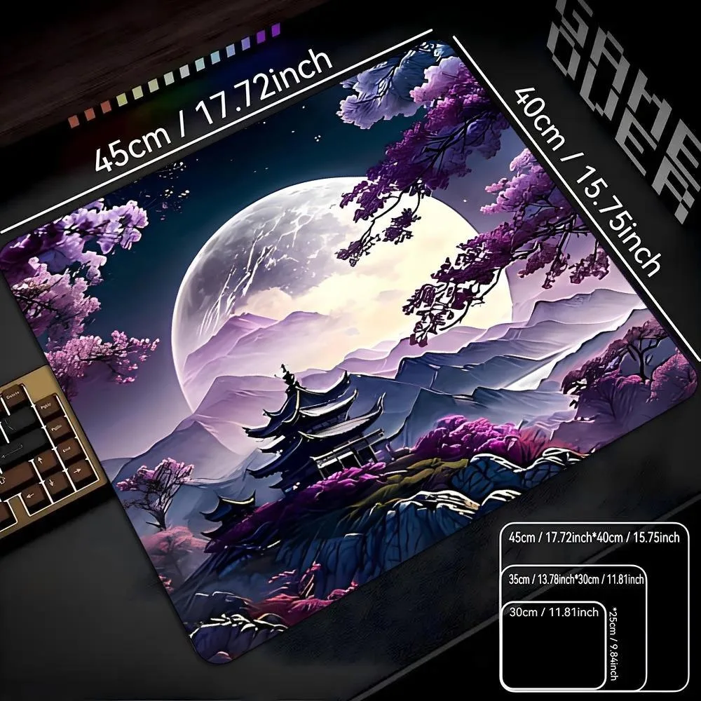 Medium Mouse Pad Purple Cherry Blossom Ancient Pavilion Full Moon Mountain Chinese Landscape NonSlip Rubber Base Smooth Desk Mat
