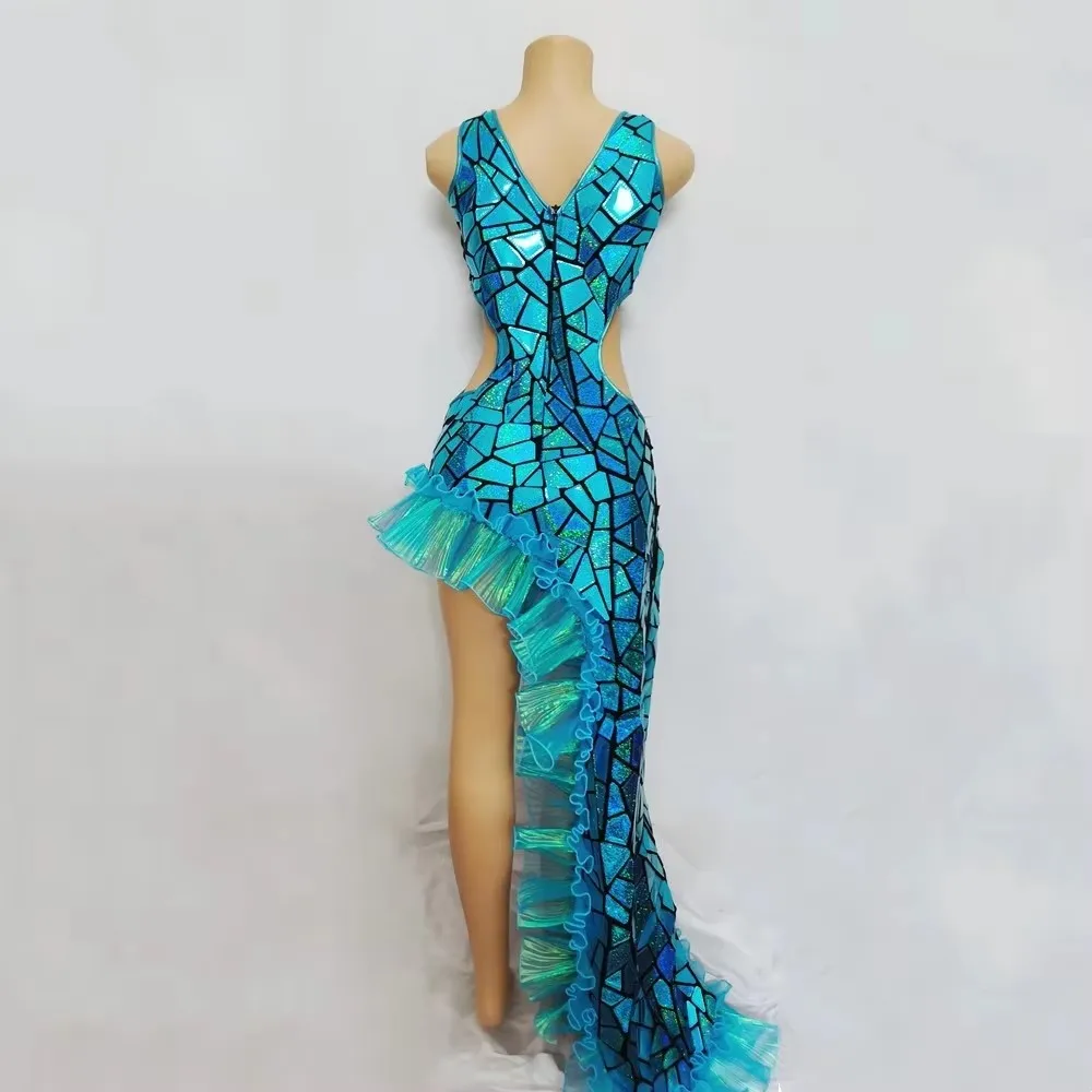 Robe Sirène Longue et Irrégulière à Paillettes pour Femme, Costume de Scène Cosplay, Bleu Lac, Miroir Laser, Soirée d'Anniversaire