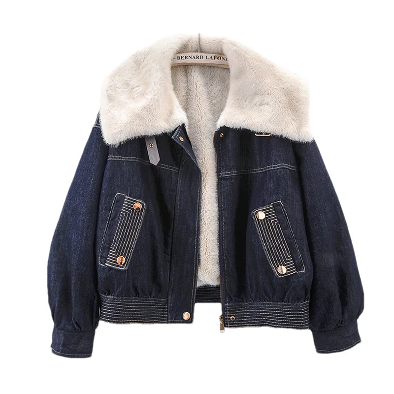 

Winter New Thick Warm Beige Coffee Color Faux Rabbit Fur Liner Denim Jacket Loose Big Lapel Long Sleeve Cowboy Outerwear Female