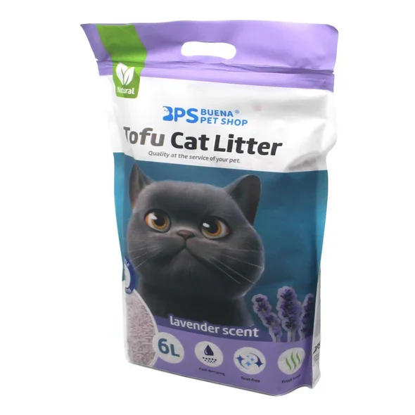 Arena de Gato de Tofu Aroma a Lavanda BPS Vegetal Aglomerante Bajo Polvo con Control de Olores