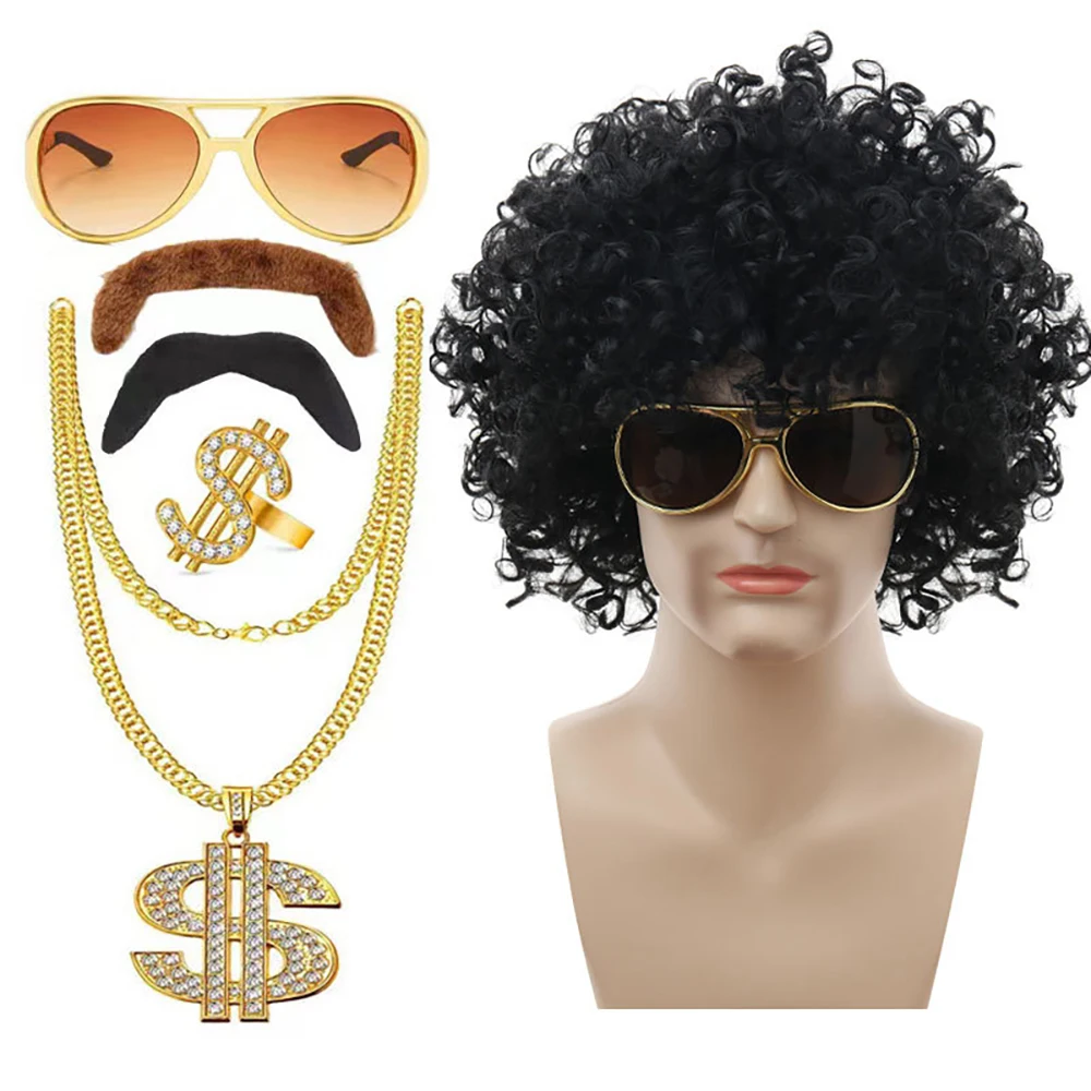 Halloween Costume Afro Full Wig Hip Hop Millionaire With Gold Chain Sunglasses Mustache Disco Party Funny Props For Men Women