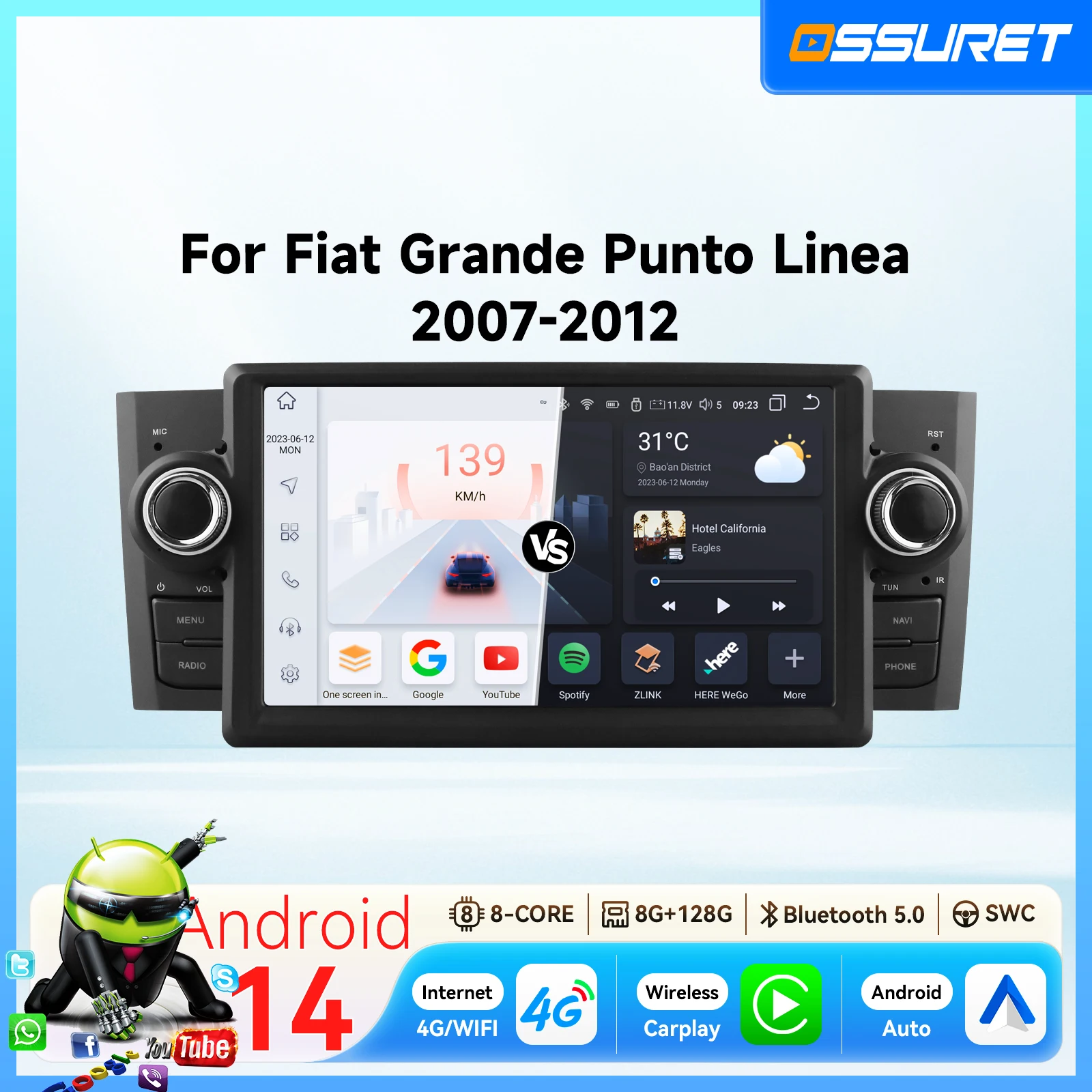 Autoradio Android 14 2DIN pour Fiat Grande Punto Linea 2007 - 2012, lecteur multimédia 4G Wifi Carplay GPS Stéréo 7862 Unité principale BT