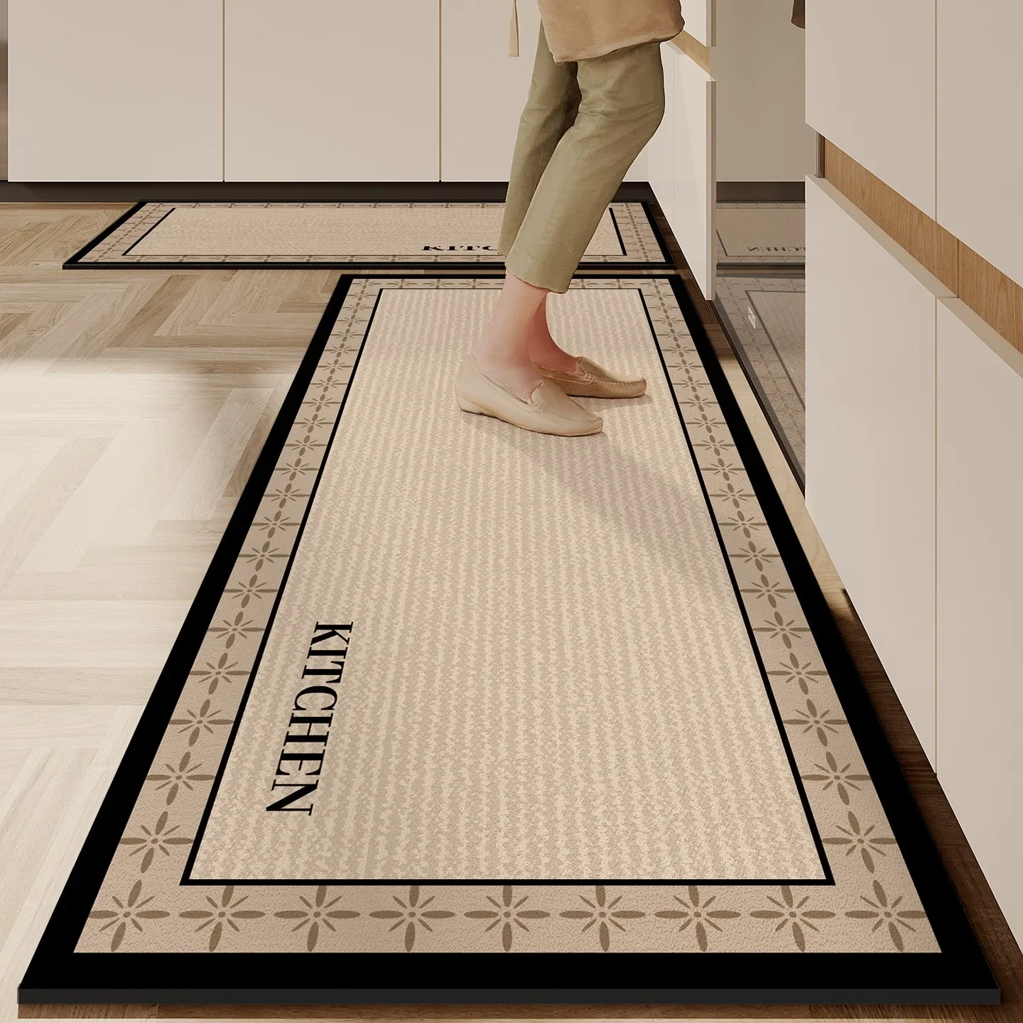 Kitchen Floor Mat Anti-slip Oil-proof Erasable Carpet Leather PVC Waterproof Rug Black Line Texture Home Decoration Mats 주방 카펫