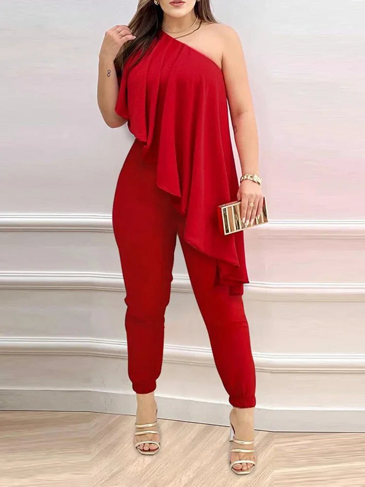 Sexy One Shoulder Jumpsuits Woman 2023 Summer New Fashion Asymmetrical Ruffles Plain Sleeveless Print Long Jumpsuit Clothing