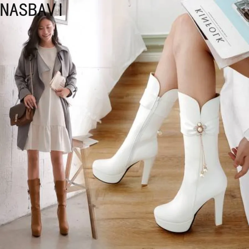 NASBAVI Fashion Bottes Femmes Women Fashion Plus Size 34 To 43 High Heel Boots Lady Casual High Quality Long Boots Autumn Boots