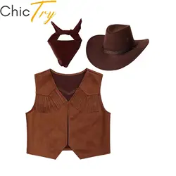 Kids Girls Boys Cowboy Cowgirl Costume Sleeveless Vest Cosplay Party Outfits Fancy Dress Up Set with Waistcoat Bandanna and Hat