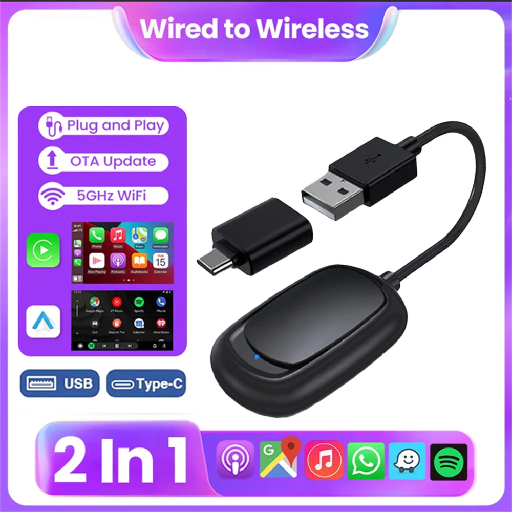 

2 в 1, проводной к беспроводному адаптеру CarPlay Android Auto, USB-ключ, умный мини-бокс Plug & Play для VW Toyota Nissan Honda Ford Benz
