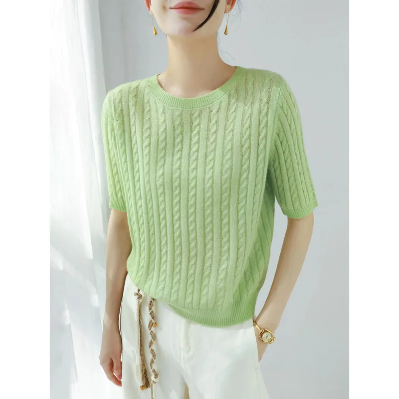 Women Cashmere Wool Twist Sweater Spring Summer Round Neck Short Sleeve Solid Color Knitwear Top