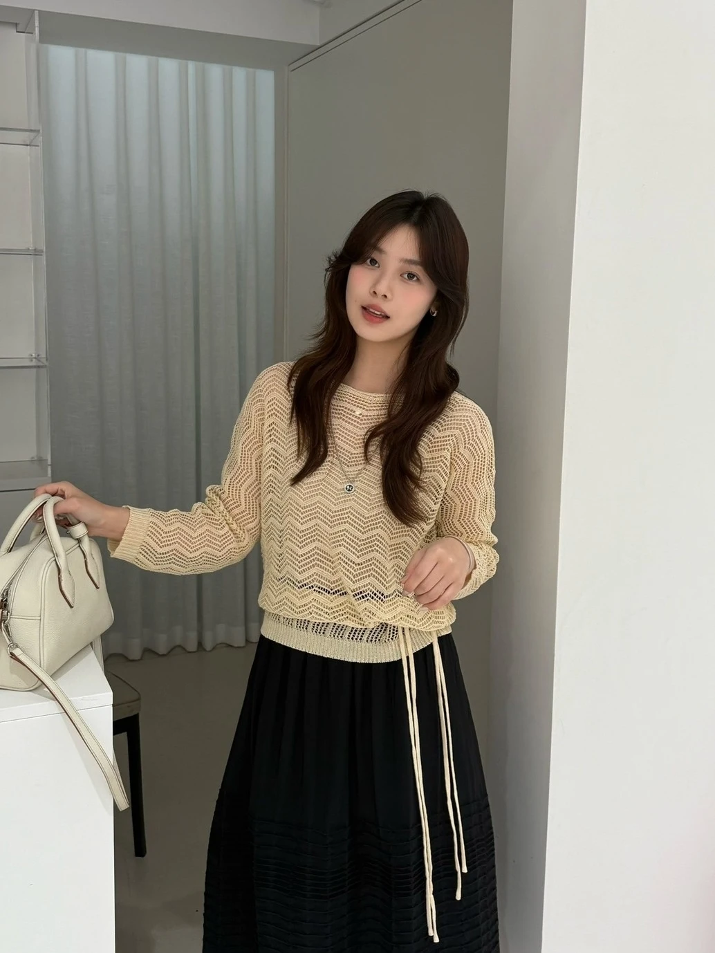 

LilianLegacy Bone Women's Hollow out Thin Knitwear Loose Fit Versatile Design Spring 2026 Color Long Sleeve Crew Neck