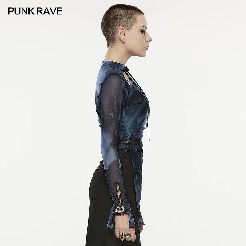 PUNK RAVE-Chinese Style Abstract Printed Long-Sleeved T-shirt for Women, Sexy Modified Cheongsam Collar, Irregular Hem Tops